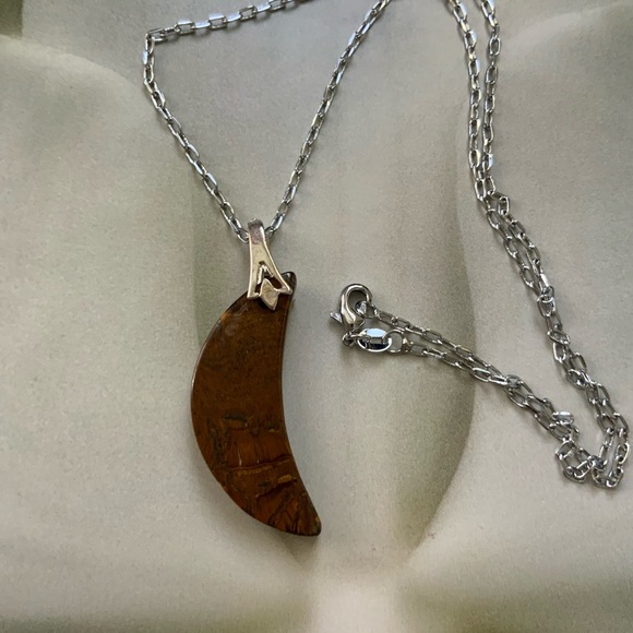 Handcrafted Natural Brown Tiger Eye Gemstone Half Moon on Silver Plated Chain - Picture 4 of 10